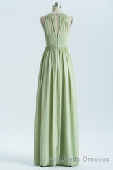 Sage Green Chiffon High Neck Long Bridesmaid Dresses